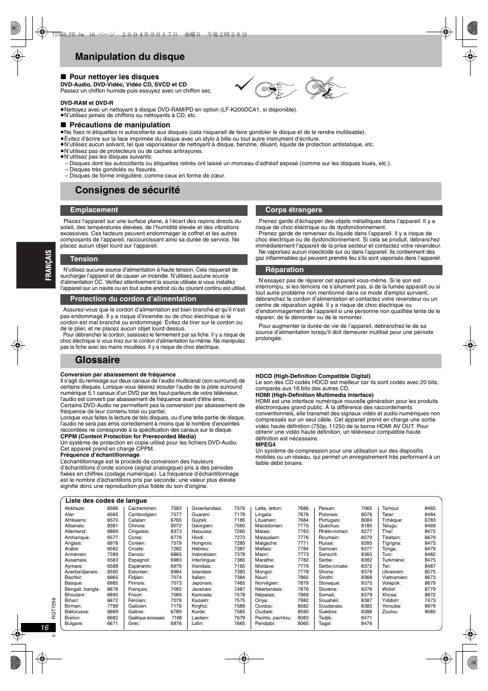 Consignes de sécurité, E 16, 16, gl | 16, “f, Manipulation du disque, Glossaire, Pour nettoyer les disques, Précautions de manipulation | Panasonic DVDS97EG User Manual | Page 52 / 116