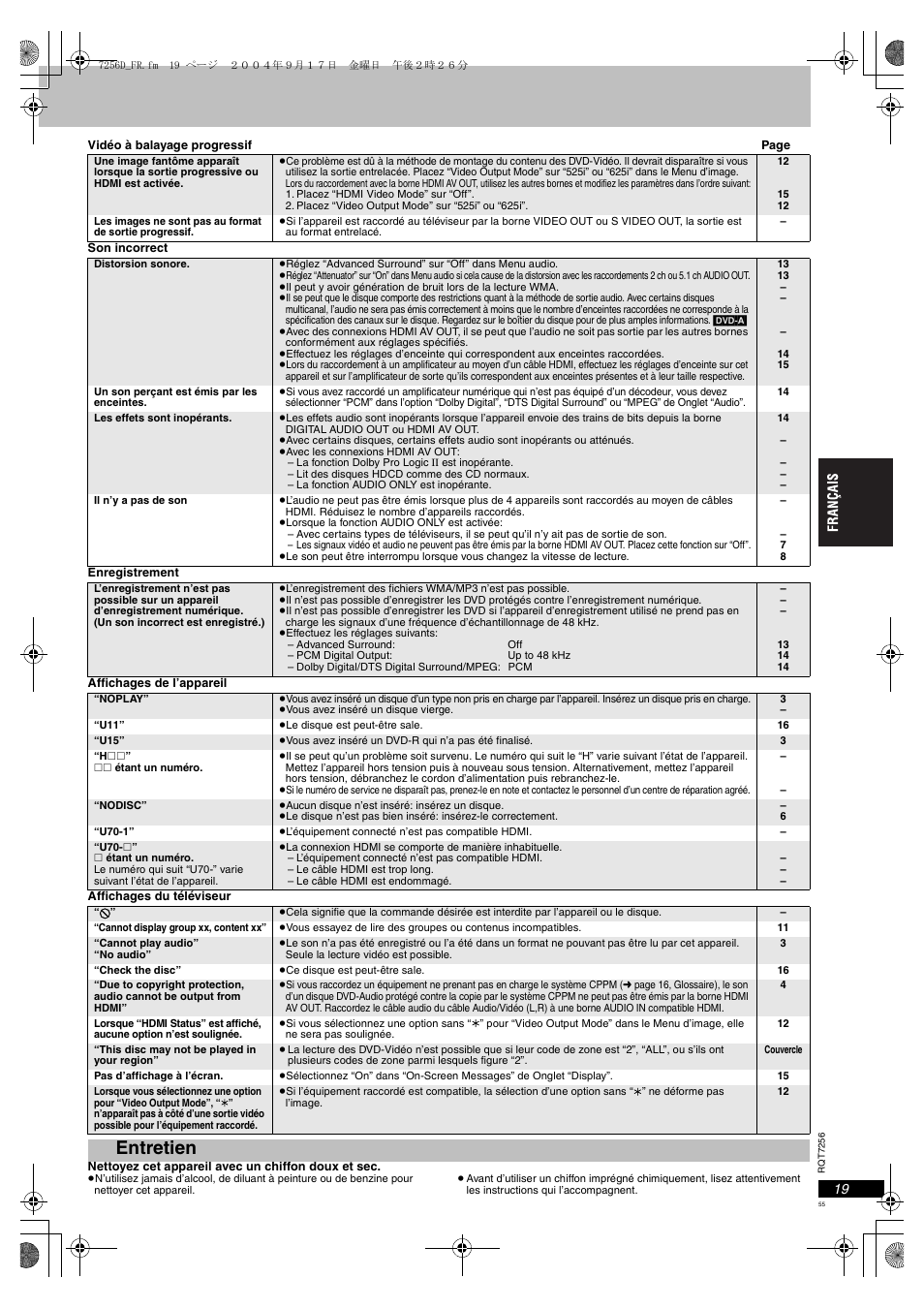 Entretien | Panasonic DVDS97EG User Manual | Page 55 / 116