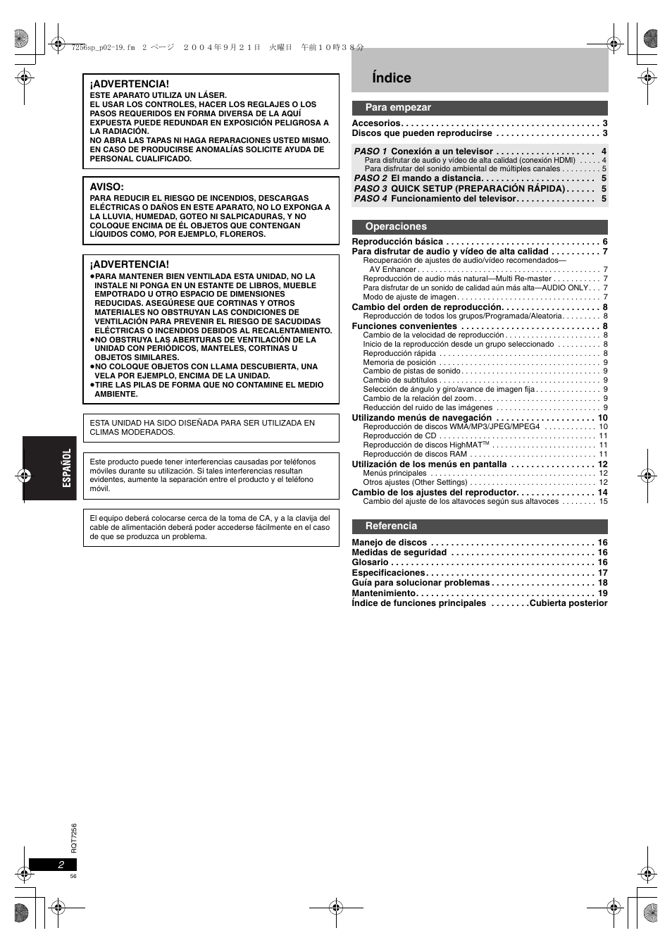 Índice | Panasonic DVDS97EG User Manual | Page 56 / 116