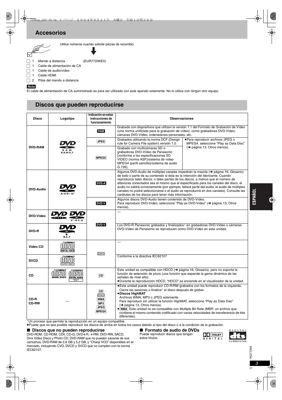 Accesorios, Discos que pueden reproducirse | Panasonic DVDS97EG User Manual | Page 57 / 116