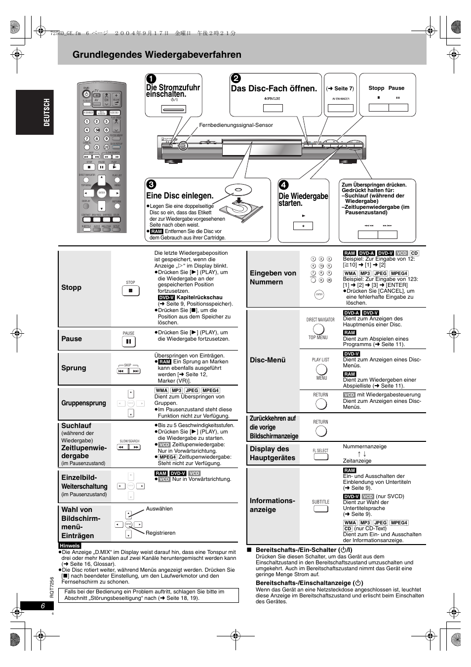 Grundlegendes wiedergabeverfahren, E 6), Die stromzufuhr einschalten | Das disc-fach öffnen, Eine disc einlegen, Die wiedergabe starten, Stopp, Pause, Sprung, Gruppensprung | Panasonic DVDS97EG User Manual | Page 6 / 116