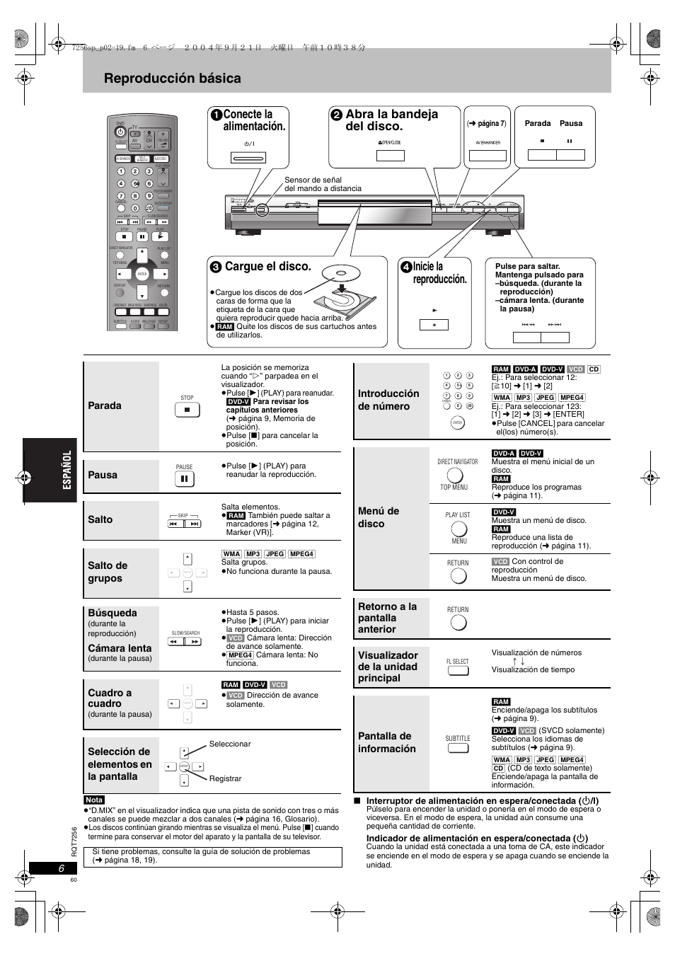 6), e, Reproducción básica, Parada | Pausa, Salto, Salto de grupos, Búsqueda, Cámara lenta, Cuadro a cuadro, Selección de elementos en la pantalla | Panasonic DVDS97EG User Manual | Page 60 / 116