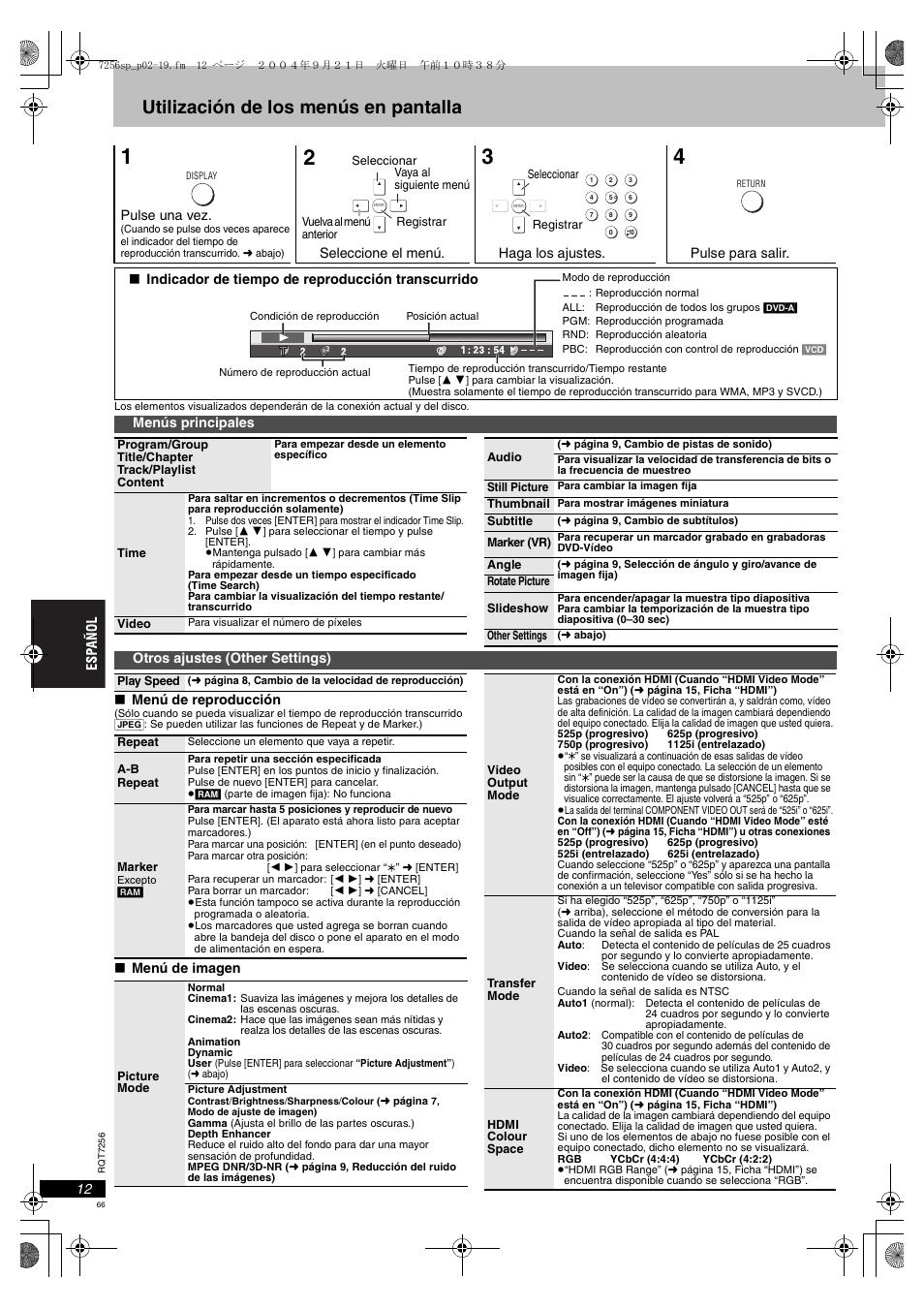 Na 12, m, Utilización de los menús en pantalla | Panasonic DVDS97EG User Manual | Page 66 / 116