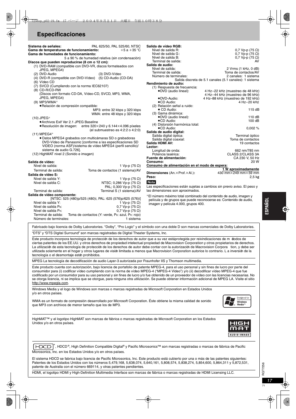 Especificaciones | Panasonic DVDS97EG User Manual | Page 71 / 116