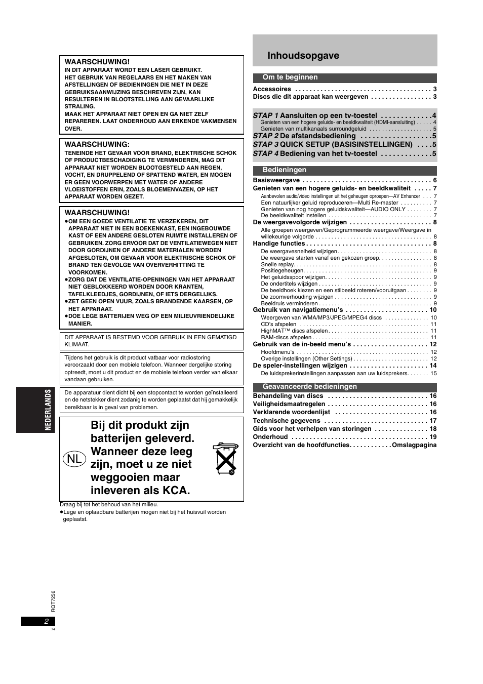 I nhoudsopgave | Panasonic DVDS97EG User Manual | Page 74 / 116