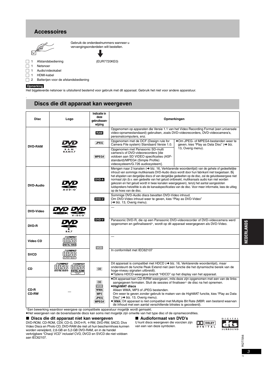 Discs die dit apparaat kan weergeven, Accessoires | Panasonic DVDS97EG User Manual | Page 75 / 116