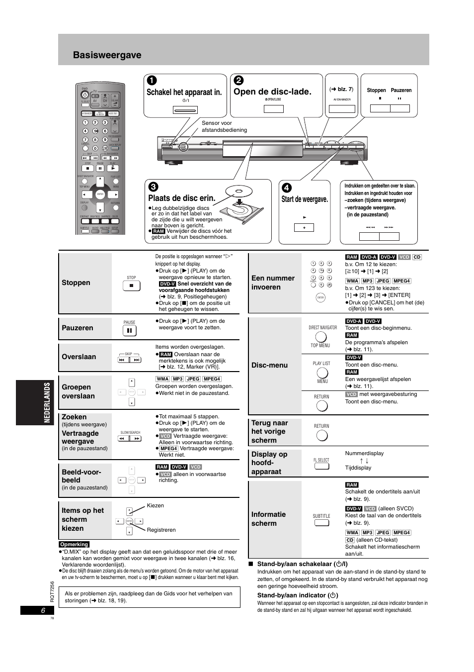 Z. 6), b, Basisweergave, Schakel het apparaat in | Open de disc-lade, Plaats de disc erin, Start de weergave, Stoppen, Pauzeren, Overslaan, Groepen overslaan | Panasonic DVDS97EG User Manual | Page 78 / 116