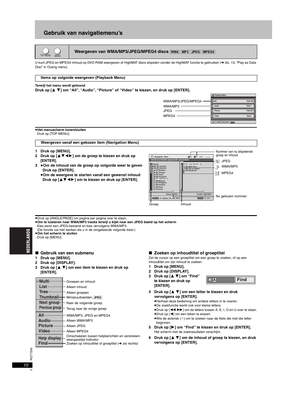 Gebruik van navigatiemenu’s, Weergeven van wma/mp3/jpeg/mpeg4 discs, Find | Panasonic DVDS97EG User Manual | Page 82 / 116