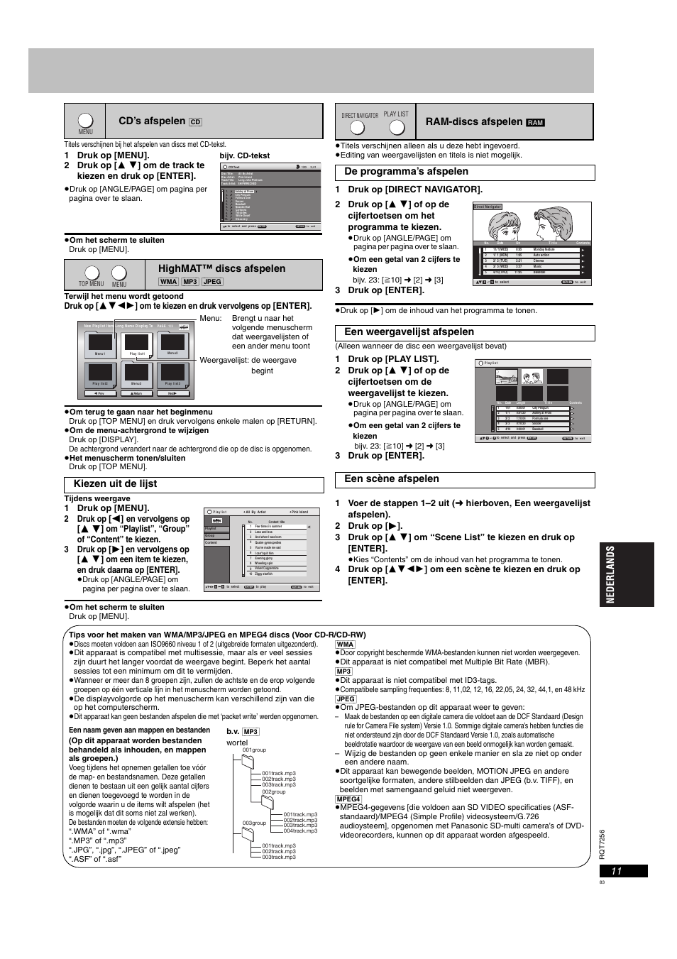 Highmat™ discs afspelen ram-discs afspelen, Blz. 11), Cd’s afspelen | Highmat™ discs afspelen, Kiezen uit de lijst, Ram-discs afspelen, 3 druk op [enter | Panasonic DVDS97EG User Manual | Page 83 / 116