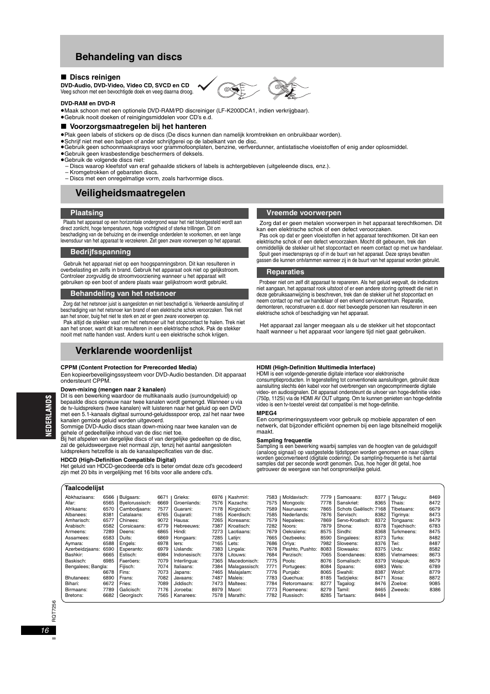 Behandeling van discs, Veiligheidsmaatregelen, Verklarende woordenlijst | Discs reinigen, Voorzorgsmaatregelen bij het hanteren | Panasonic DVDS97EG User Manual | Page 88 / 116