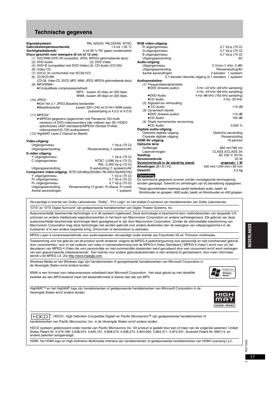 Technische gegevens | Panasonic DVDS97EG User Manual | Page 89 / 116