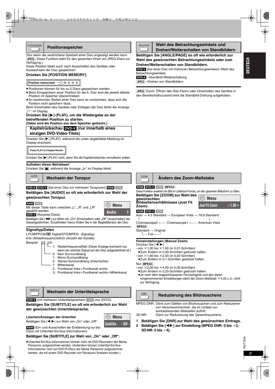 Praktische funktionen, Positionsspeicher wechseln der tonspur, Standbildern | Ändern des zoom-maßstabs, Seite 9, p, Seite 9), Seite 9 | Panasonic DVDS97EG User Manual | Page 9 / 116