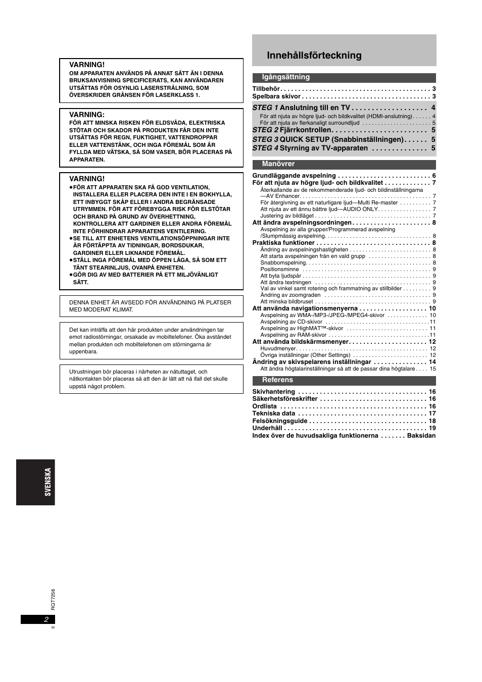 Innehållsförteckning | Panasonic DVDS97EG User Manual | Page 92 / 116