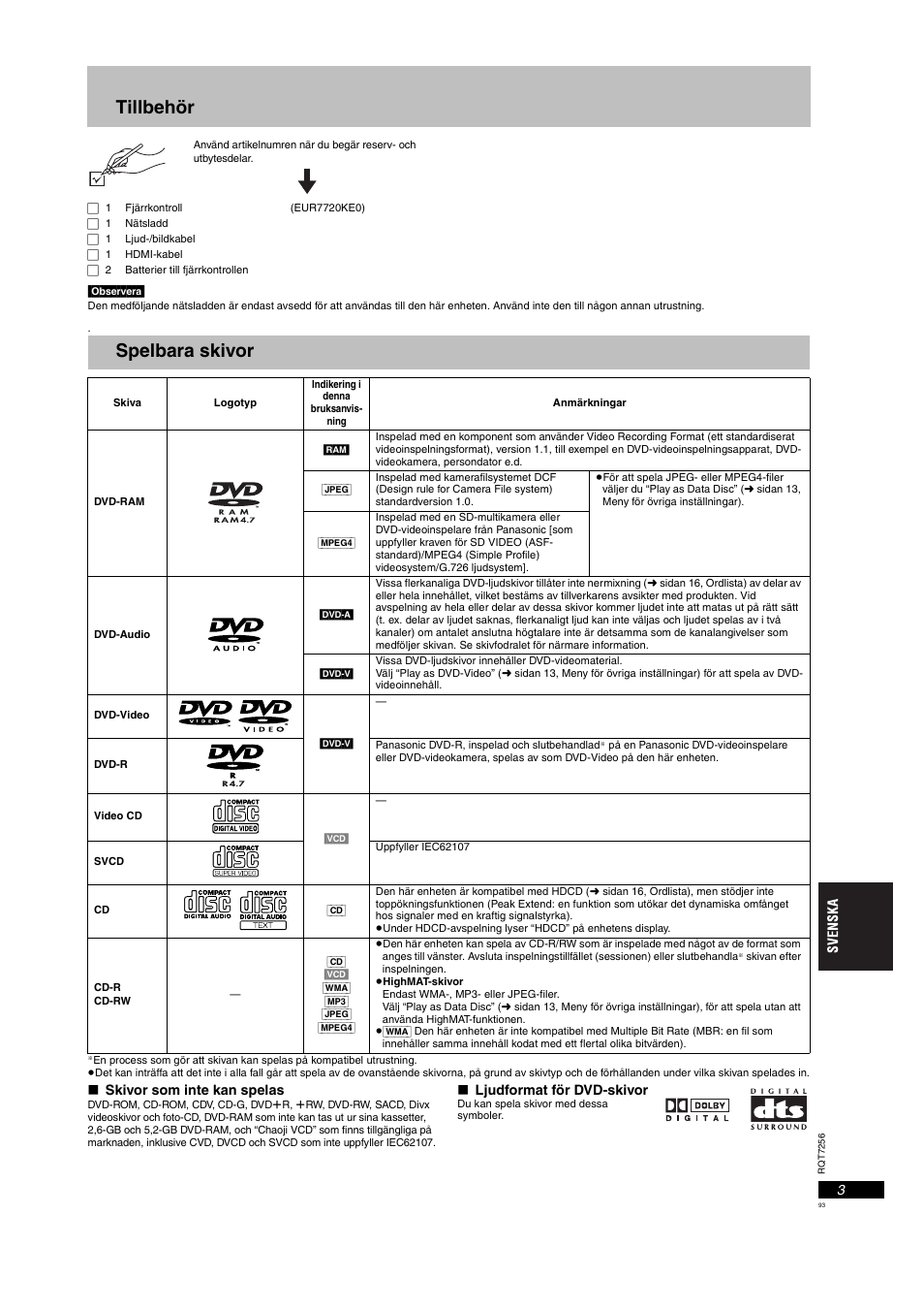 Spelbara skivor, Tillbehör | Panasonic DVDS97EG User Manual | Page 93 / 116