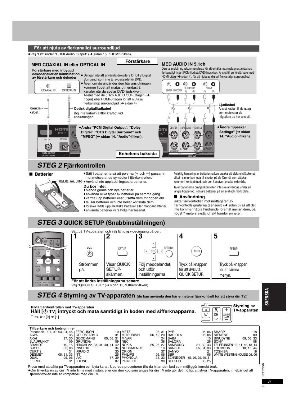 Steg 2 f, N 5), Steg 2 | Steg 3, Steg 4, Fjärrkontrollen, Quick setup (snabbinställningen), Styrning av tv-apparaten, Håll [ í, För att njuta av flerkanaligt surroundljud | Panasonic DVDS97EG User Manual | Page 95 / 116