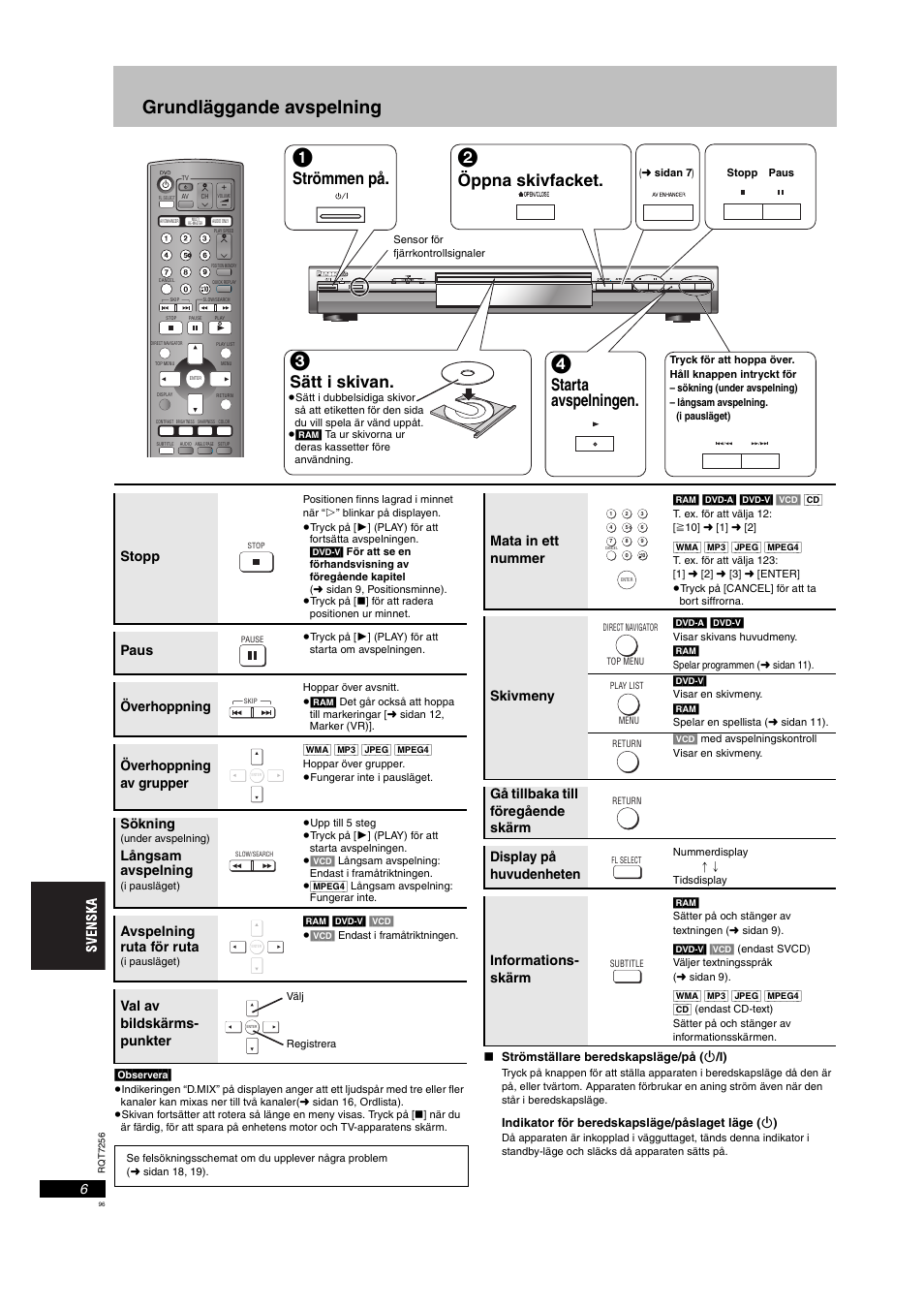 An 6) så, Grundläggande avspelning, Strömmen på | Öppna skivfacket, Sätt i skivan, Starta avspelningen, Stopp, Paus, Överhoppning, Överhoppning av grupper | Panasonic DVDS97EG User Manual | Page 96 / 116