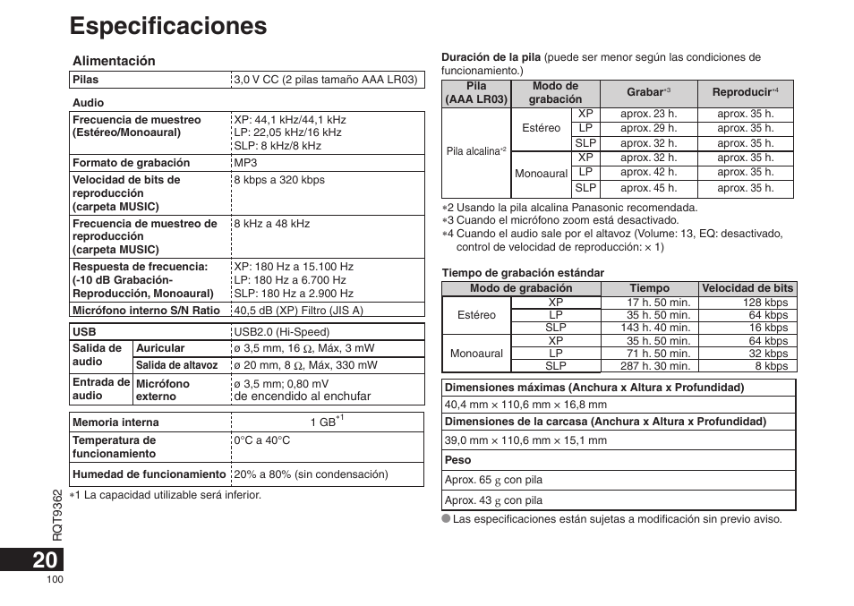 Especificaciones | Panasonic RRUS570 User Manual | Page 100 / 200