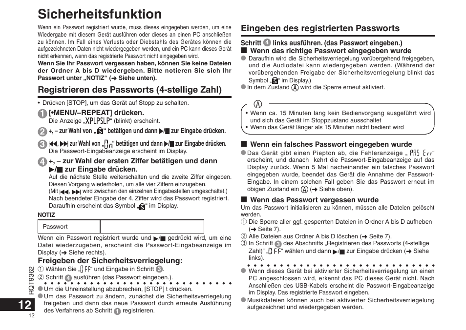 Sicherheitsfunktion, Registrieren des passworts (4-stellige zahl), Eingeben des registrierten passworts | Panasonic RRUS570 User Manual | Page 12 / 200