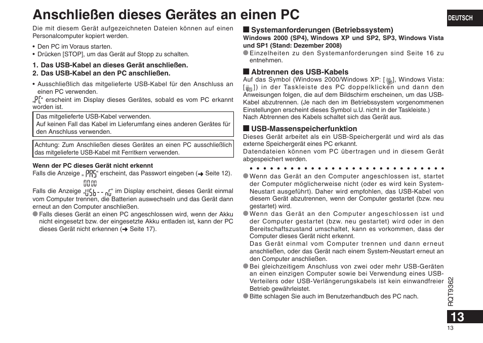 Anschließen dieses gerätes an einen pc | Panasonic RRUS570 User Manual | Page 13 / 200