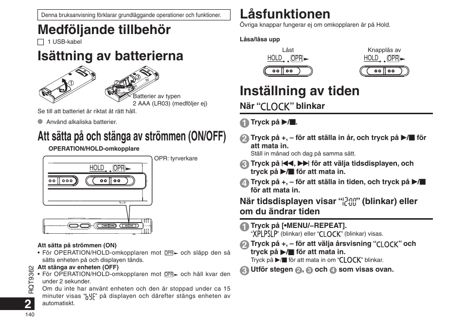 Medföljande tillbehör, Isättning av batterierna, Att sätta på och stänga av strömmen (on/off) | Låsfunktionen, Inställning av tiden | Panasonic RRUS570 User Manual | Page 140 / 200