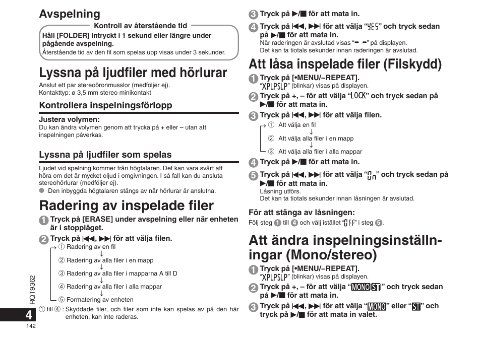 Att låsa inspelade filer (filskydd), Att ändra inspelningsinställn- ingar (mono/stereo), Lyssna på ljudfiler med hörlurar | Radering av inspelade filer, Avspelning, Kontrollera inspelningsförlopp, Lyssna på ljudfiler som spelas | Panasonic RRUS570 User Manual | Page 142 / 200