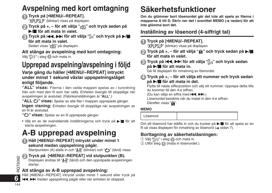 Säkerhetsfunktioner, Avspelning med kort omtagning, Upprepad avspelning/avspelning i följd | A-b upprepad avspelning, Inställning av lösenord (4-siffrigt tal) 1 | Panasonic RRUS570 User Manual | Page 144 / 200