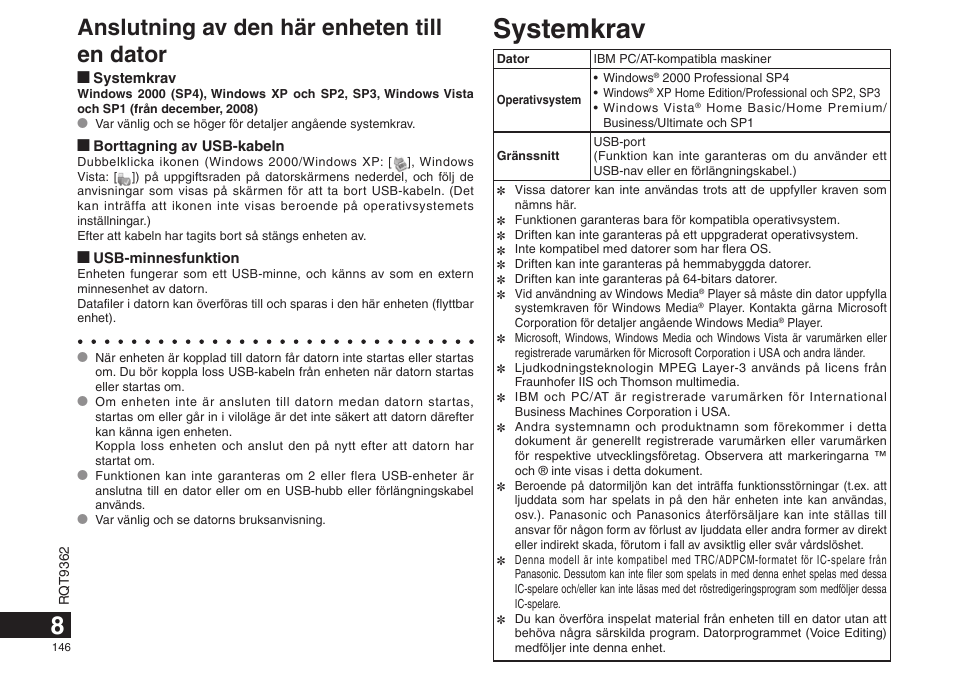 Systemkrav, Anslutning av den här enheten till en dator | Panasonic RRUS570 User Manual | Page 146 / 200