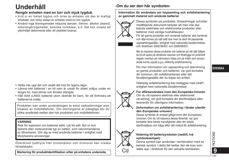 Underhåll | Panasonic RRUS570 User Manual | Page 147 / 200