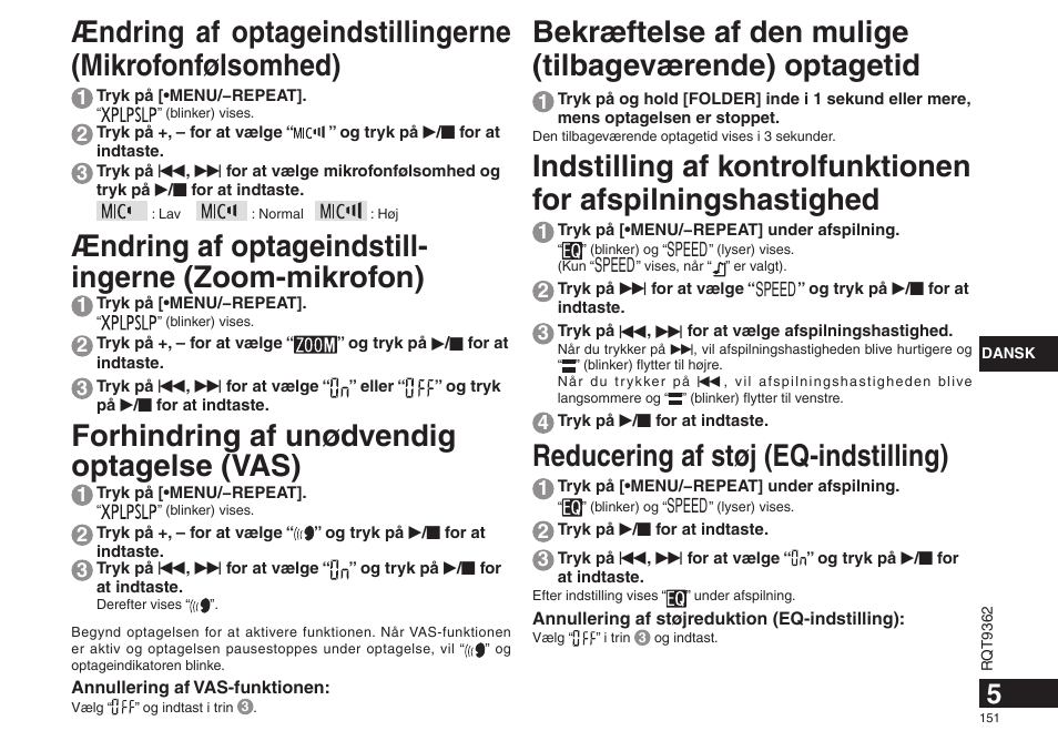 Reducering af støj (eq-indstilling), Ændring af optageindstill- ingerne (zoom-mikrofon), Forhindring af unødvendig optagelse (vas) | Panasonic RRUS570 User Manual | Page 151 / 200