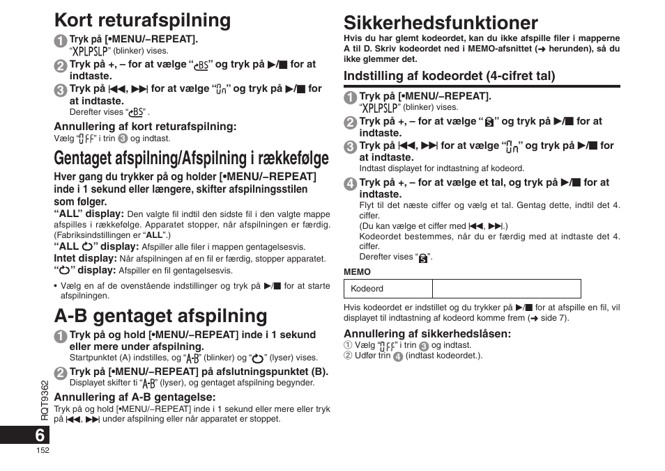 Sikkerhedsfunktioner, Kort returafspilning, Gentaget afspilning/afspilning i rækkefølge | A-b gentaget afspilning, Indstilling af kodeordet (4-cifret tal) 1 | Panasonic RRUS570 User Manual | Page 152 / 200