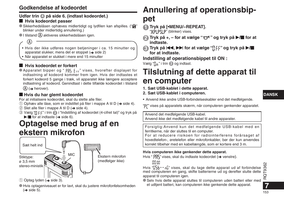 Annullering af operationsbip- pet, Tilslutning af dette apparat til en computer, Optagelse med brug af en ekstern mikrofon | Godkendelse af kodeordet | Panasonic RRUS570 User Manual | Page 153 / 200