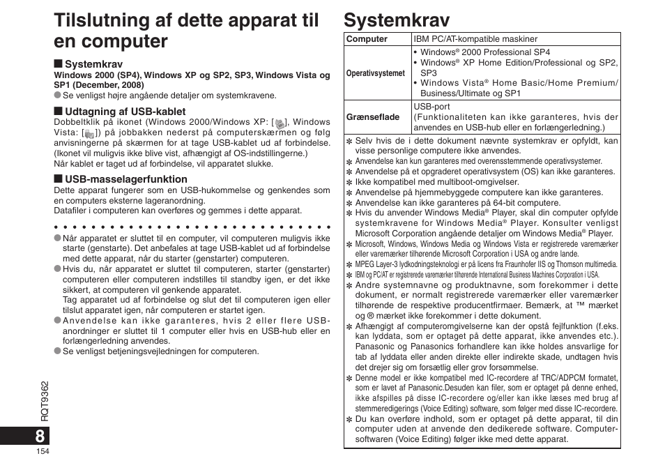 Systemkrav, Tilslutning af dette apparat til en computer | Panasonic RRUS570 User Manual | Page 154 / 200