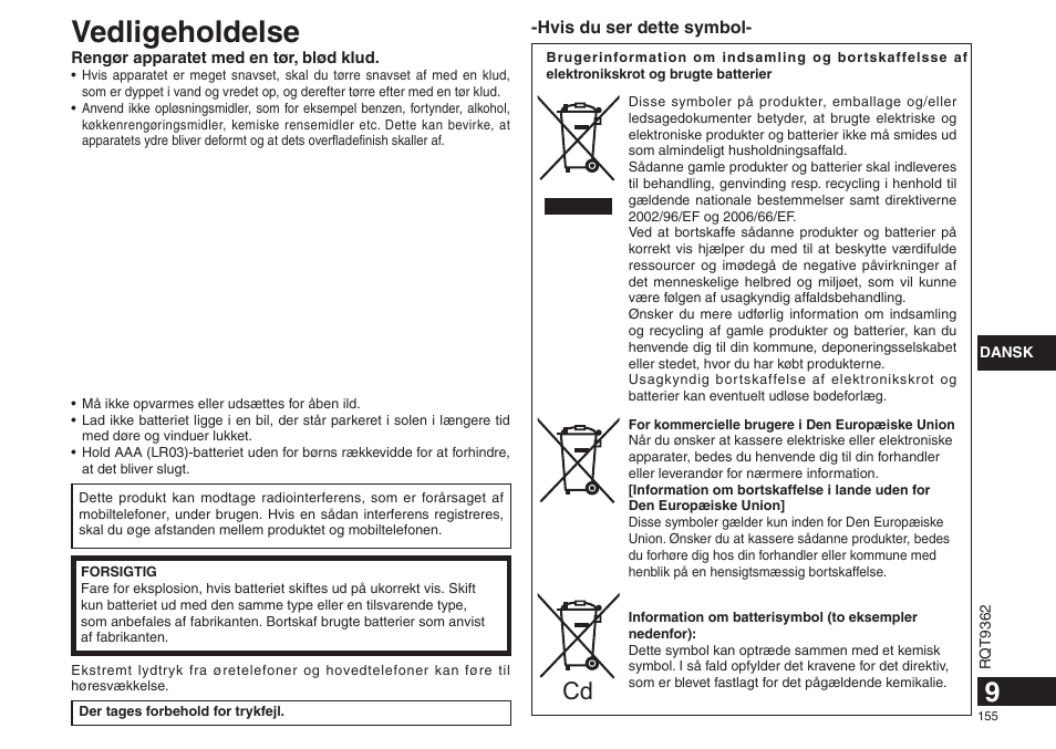 Vedligeholdelse | Panasonic RRUS570 User Manual | Page 155 / 200