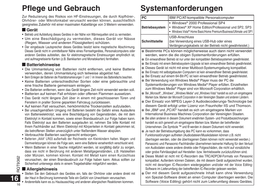 Systemanforderungen, Pflege und gebrauch | Panasonic RRUS570 User Manual | Page 16 / 200