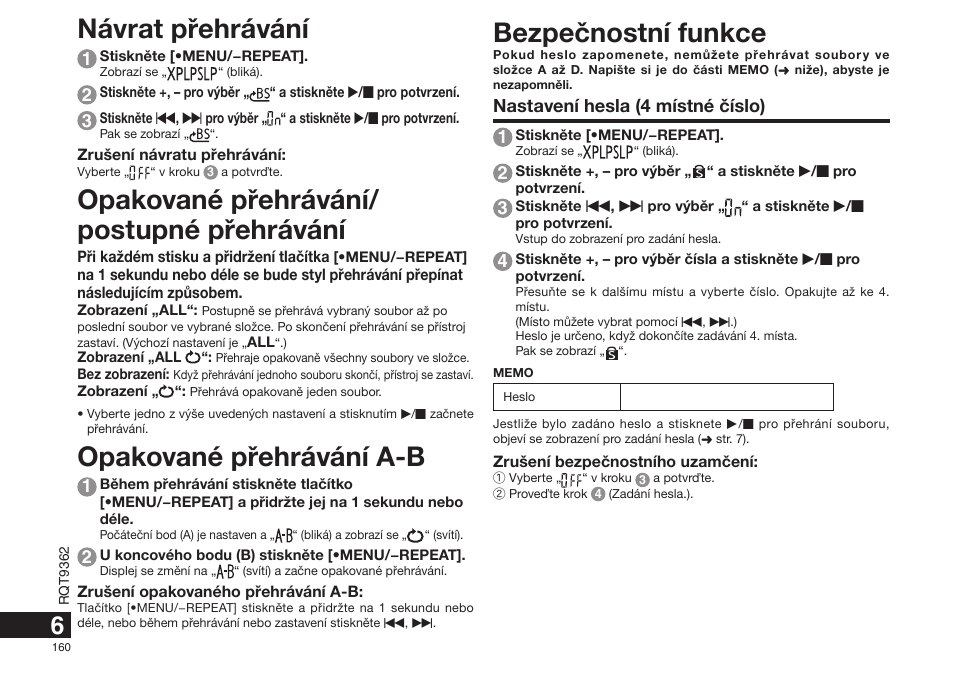 Bezpeènostní funkce, Návrat pøehrávání, Opakované pøehrávání/ postupné pøehrávání | Opakované pøehrávání a-b, Nastavení hesla (4 místné èíslo) 1 | Panasonic RRUS570 User Manual | Page 160 / 200