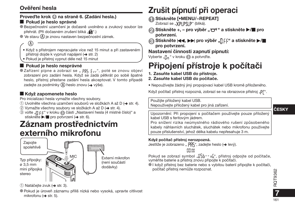 Zrušit pípnutí pøi operaci, Pøipojení pøístroje k poèítaèi, Záznam prostøednictvím externího mikrofonu | Ovìøení hesla | Panasonic RRUS570 User Manual | Page 161 / 200