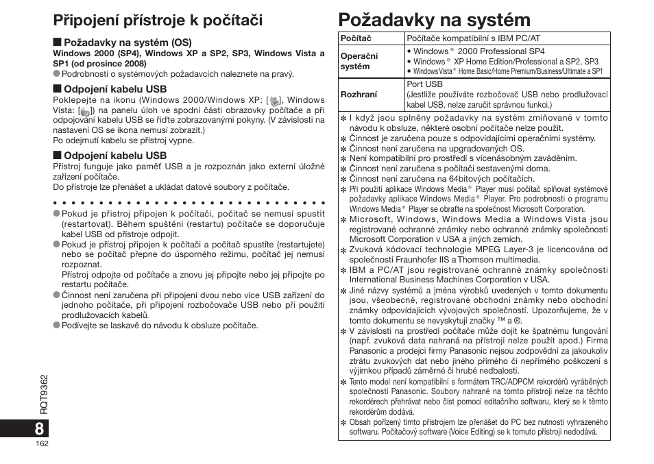 Požadavky na systém, Pøipojení pøístroje k poèítaèi | Panasonic RRUS570 User Manual | Page 162 / 200