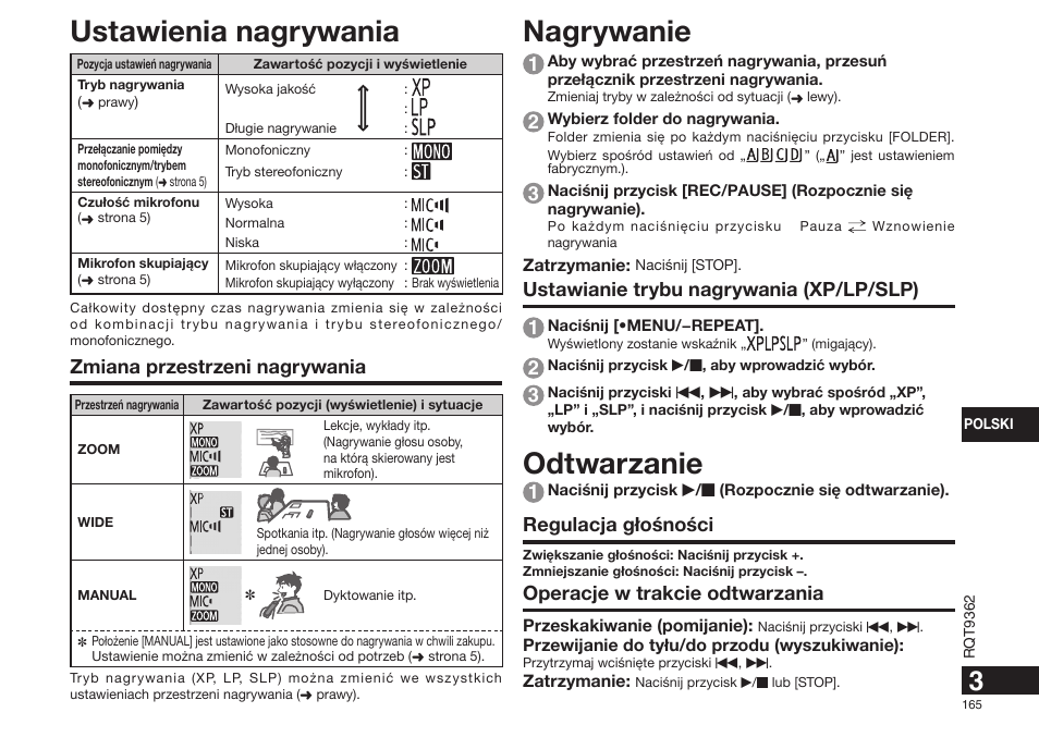 Nagrywanie, Odtwarzanie, Ustawienia nagrywania | Ustawianie trybu nagrywania (xp/lp/slp) 1, Regulacja g³ośności, Operacje w trakcie odtwarzania, Zmiana przestrzeni nagrywania | Panasonic RRUS570 User Manual | Page 165 / 200