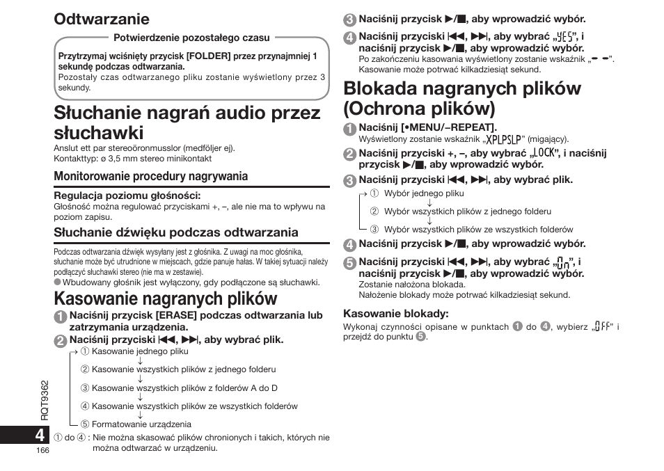 Blokada nagranych plików (ochrona plików), S³uchanie nagrañ audio przez s³uchawki, Kasowanie nagranych plików | Odtwarzanie, Monitorowanie procedury nagrywania, S³uchanie dźwiêku podczas odtwarzania | Panasonic RRUS570 User Manual | Page 166 / 200