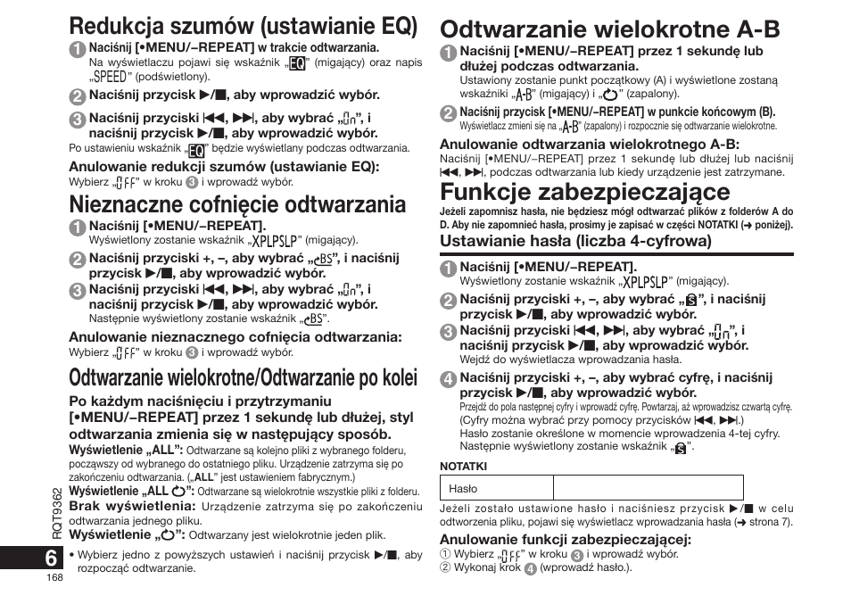 Odtwarzanie wielokrotne a-b, Funkcje zabezpieczaj¹ce, Redukcja szumów (ustawianie eq) | Nieznaczne cofniêcie odtwarzania, Odtwarzanie wielokrotne/odtwarzanie po kolei, Ustawianie has³a (liczba 4-cyfrowa) 1, Speed | Panasonic RRUS570 User Manual | Page 168 / 200