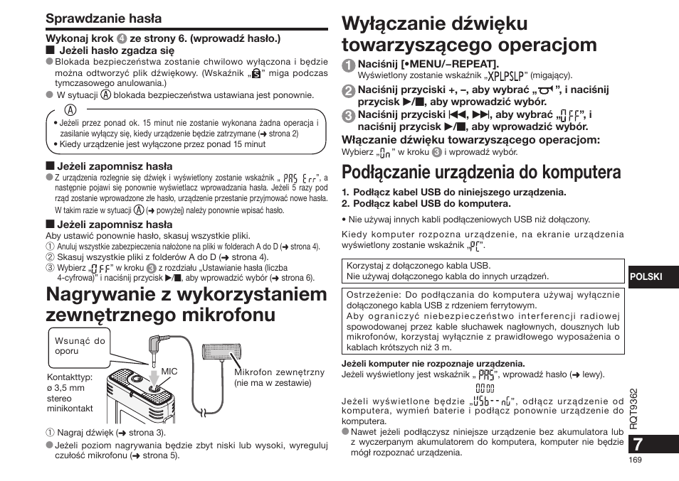 Wy³¹czanie dźwiêku towarzysz¹cego operacjom, Pod³¹czanie urz¹dzenia do komputera, Nagrywanie z wykorzystaniem zewnêtrznego mikrofonu | Sprawdzanie has³a | Panasonic RRUS570 User Manual | Page 169 / 200