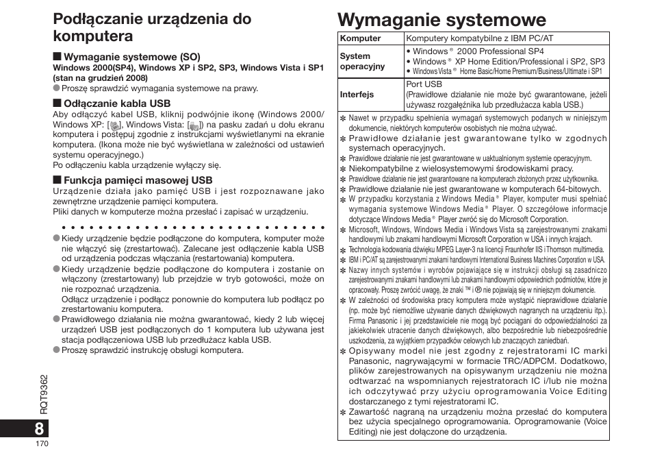 Wymaganie systemowe, Pod³¹czanie urz¹dzenia do komputera | Panasonic RRUS570 User Manual | Page 170 / 200