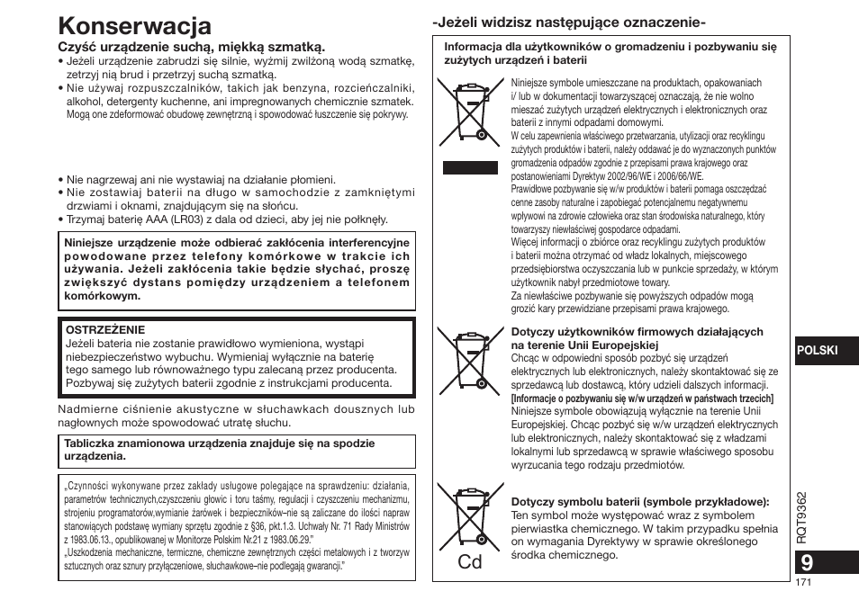 Konserwacja | Panasonic RRUS570 User Manual | Page 171 / 200