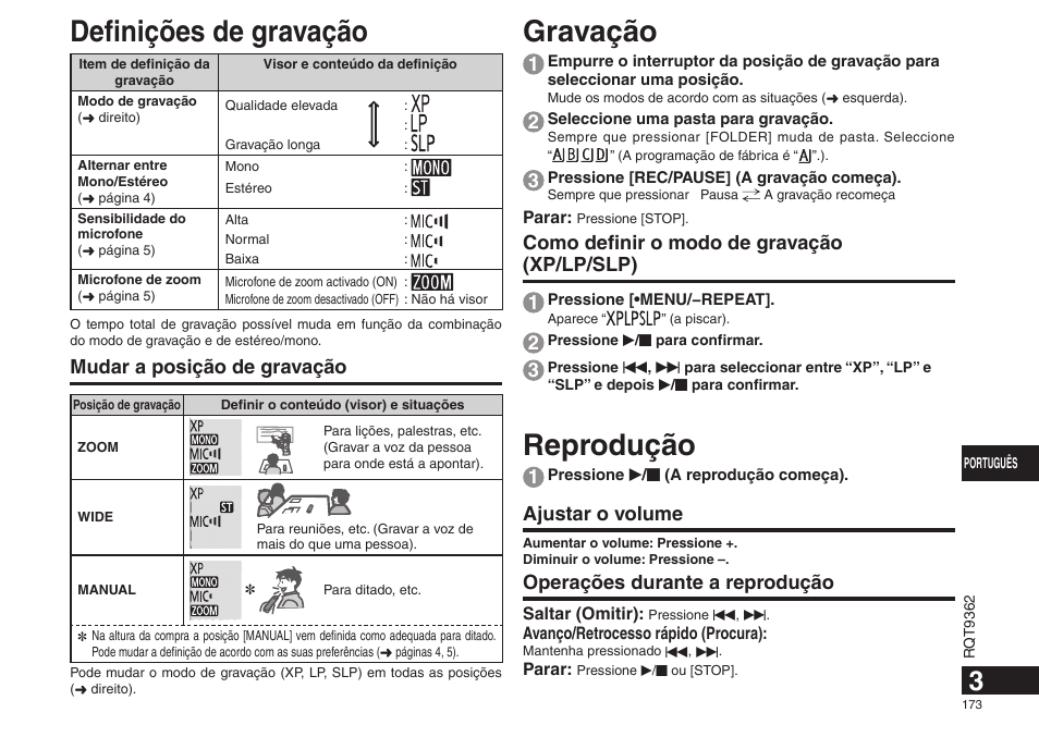 Gravação, Reprodução, Definições de gravação | Como definir o modo de gravação (xp/lp/slp) 1, Ajustar o volume, Operações durante a reprodução, Mudar a posição de gravação | Panasonic RRUS570 User Manual | Page 173 / 200