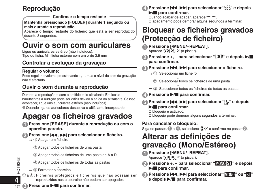 Alterar as definições de gravação (mono/estéreo), Ouvir o som com auriculares, Apagar os ficheiros gravados | Reprodução | Panasonic RRUS570 User Manual | Page 174 / 200