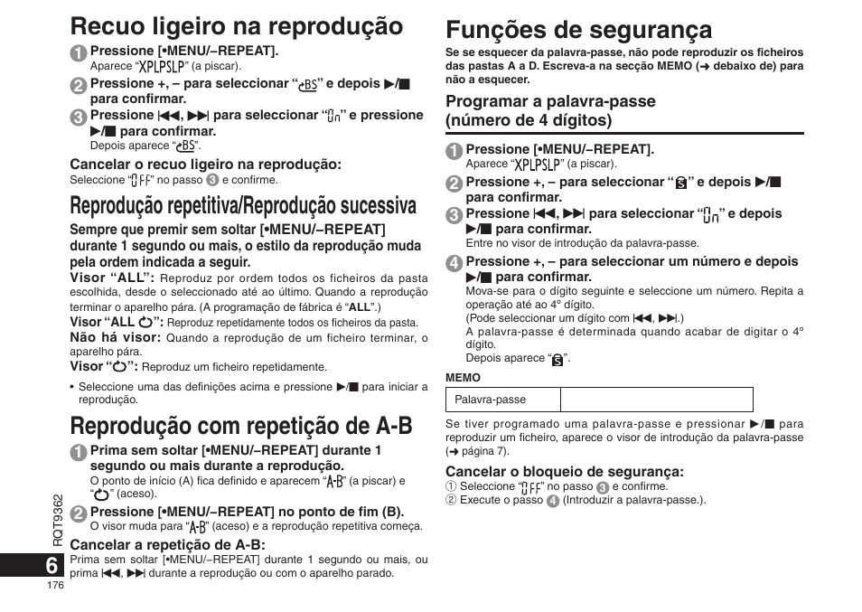 Funções de segurança, Recuo ligeiro na reprodução, Reprodução repetitiva/reprodução sucessiva | Reprodução com repetição de a-b, Programar a palavra-passe (número de 4 dígitos) 1 | Panasonic RRUS570 User Manual | Page 176 / 200