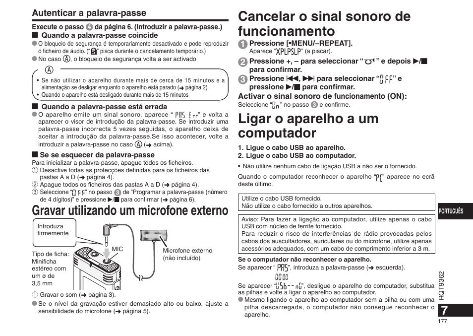 Cancelar o sinal sonoro de funcionamento, Ligar o aparelho a um computador, Gravar utilizando um microfone externo | Autenticar a palavra-passe | Panasonic RRUS570 User Manual | Page 177 / 200