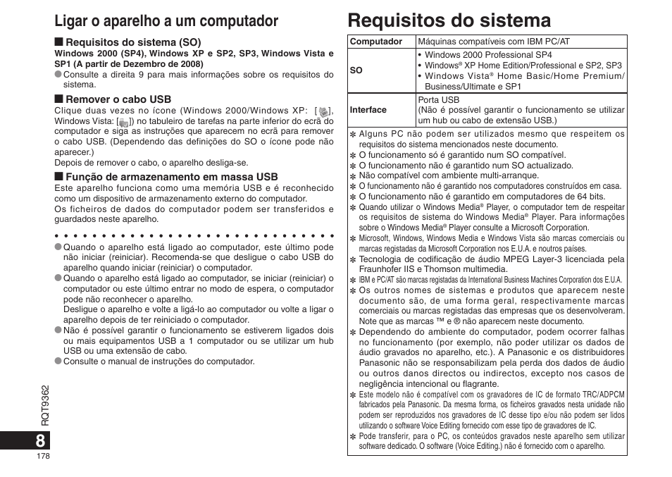 Requisitos do sistema, Ligar o aparelho a um computador | Panasonic RRUS570 User Manual | Page 178 / 200