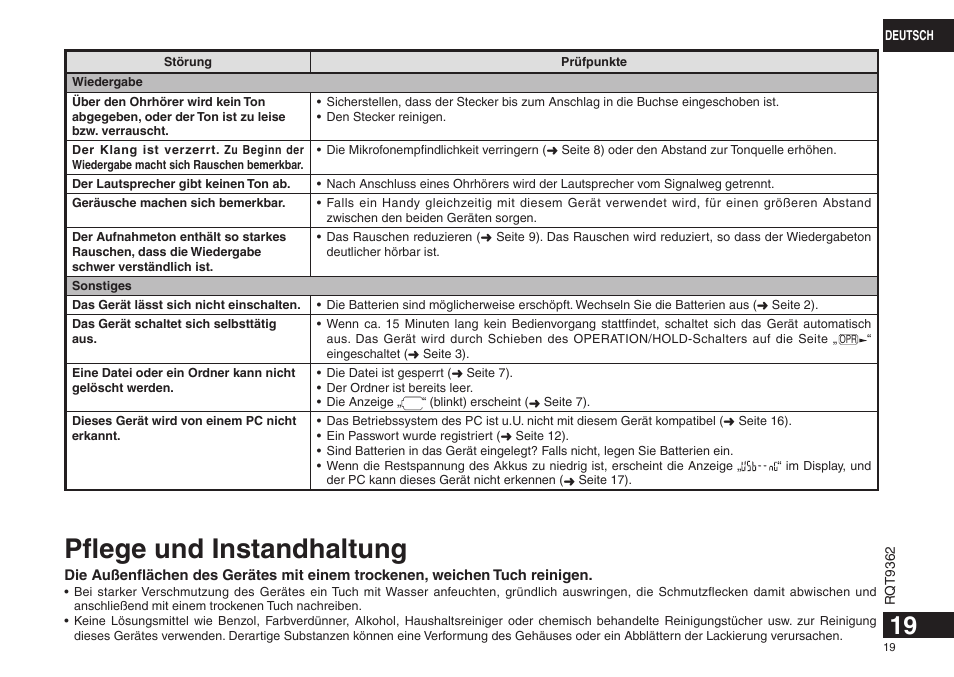 Pflege und instandhaltung | Panasonic RRUS570 User Manual | Page 19 / 200