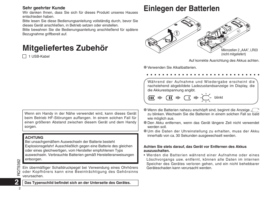 Mitgeliefertes zubehör, Einlegen der batterlen | Panasonic RRUS570 User Manual | Page 2 / 200